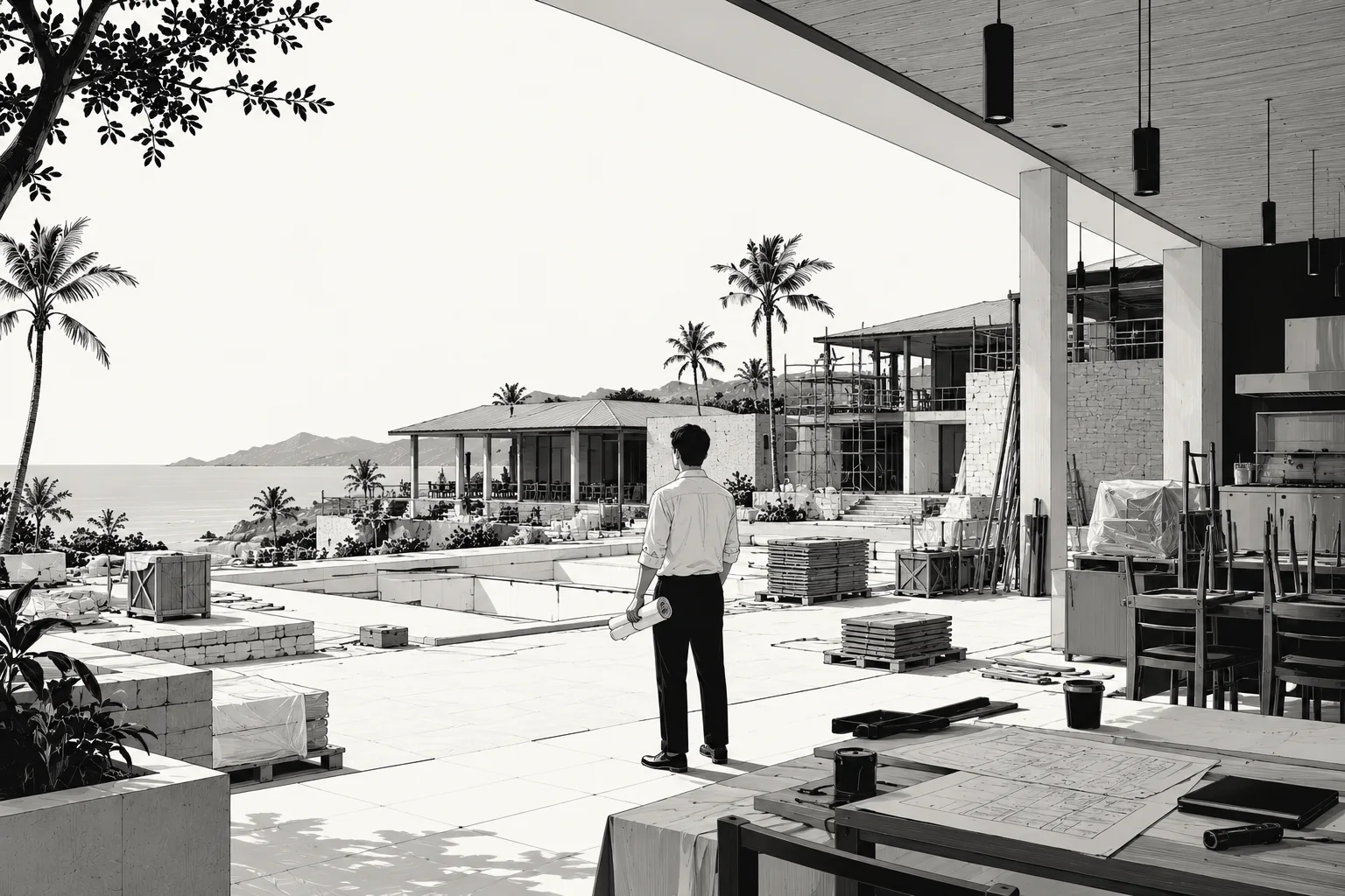 An architect reviews plans at a coastal resort building site.